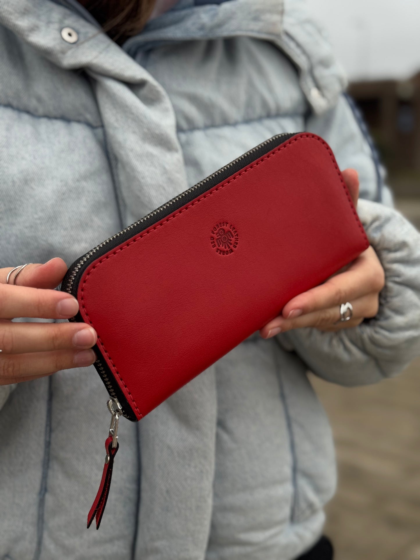 Red Leather Zip Around Wallet | Long Minimalist Design