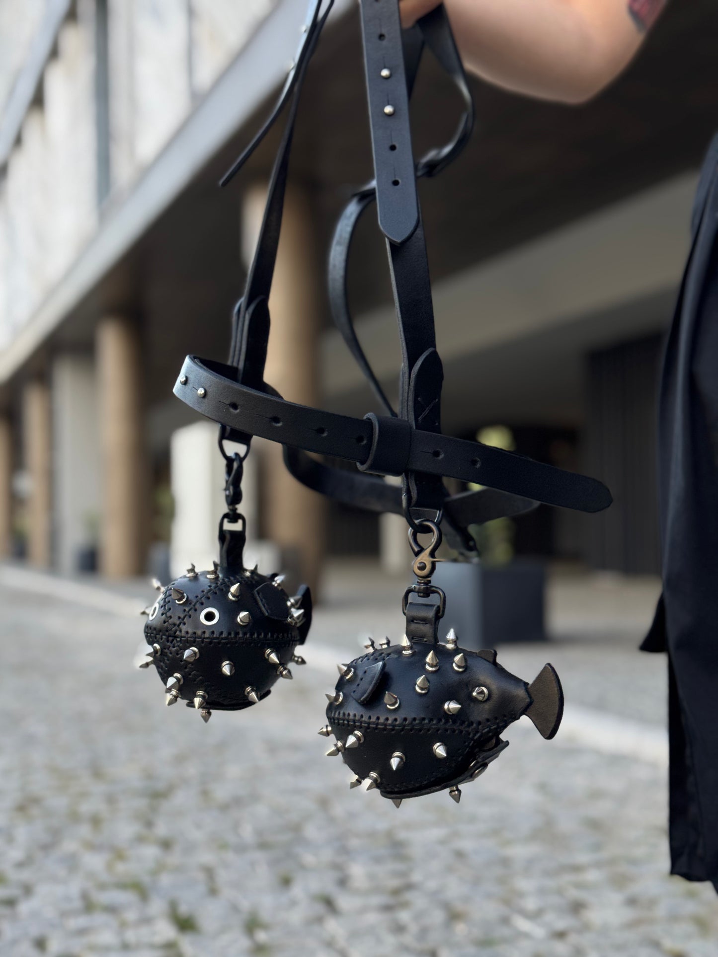 Leather Harness with Two Black Fish Charms