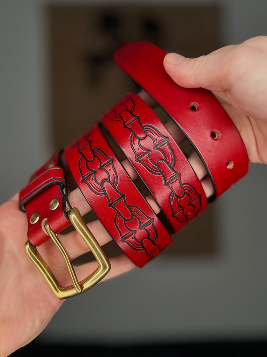 Red Leather Belt with Chain Embossing