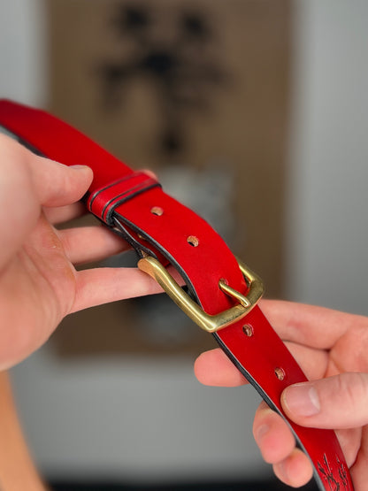 Red Leather Belt with Chain Embossing