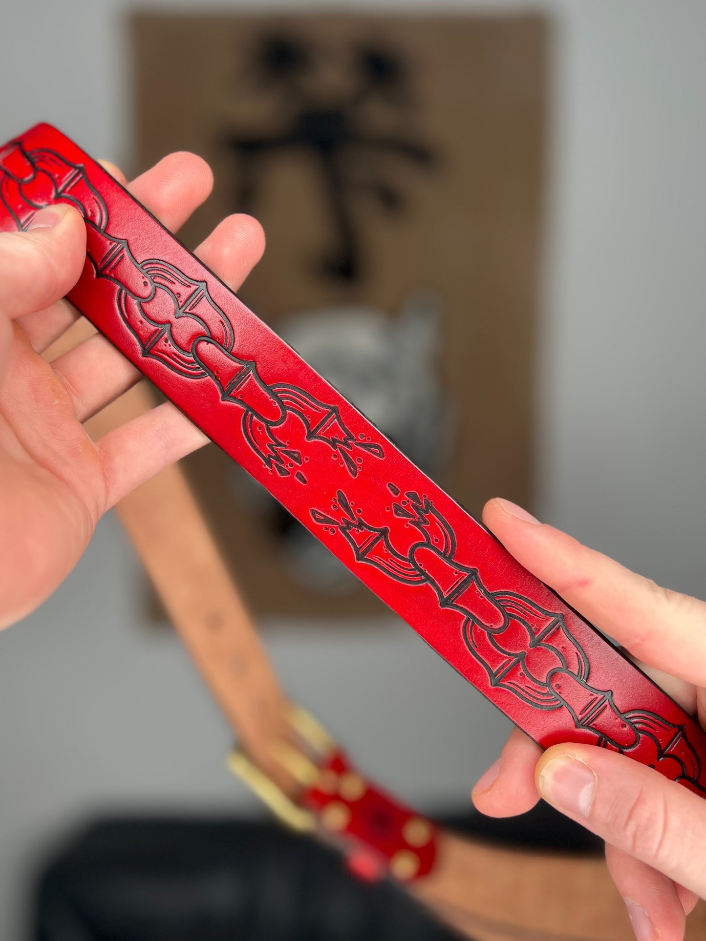 Red Leather Belt with Chain Embossing