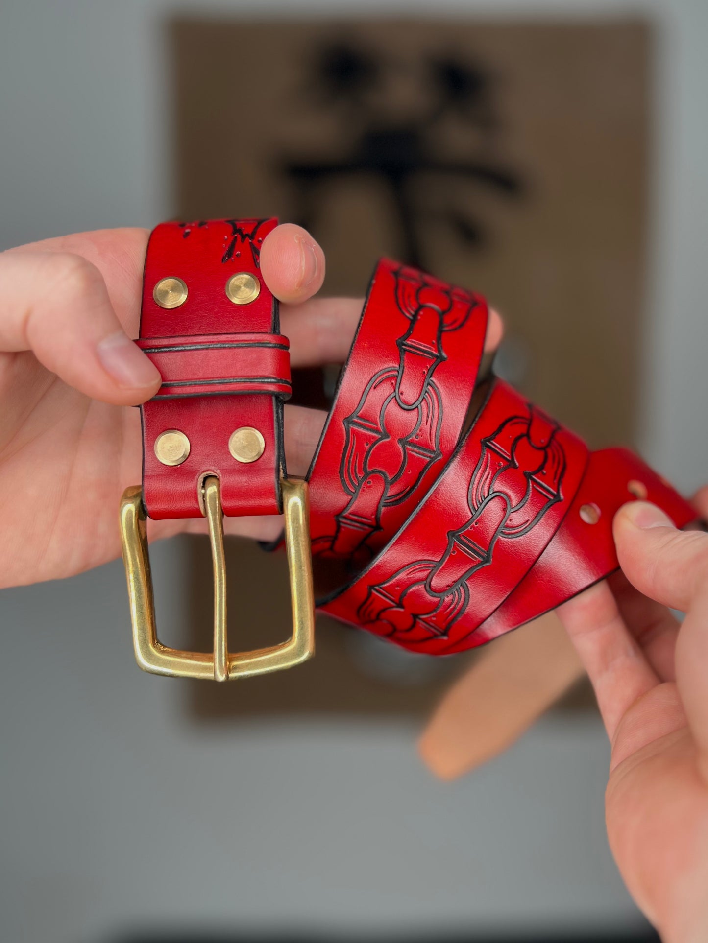 Red Leather Belt with Chain Embossing