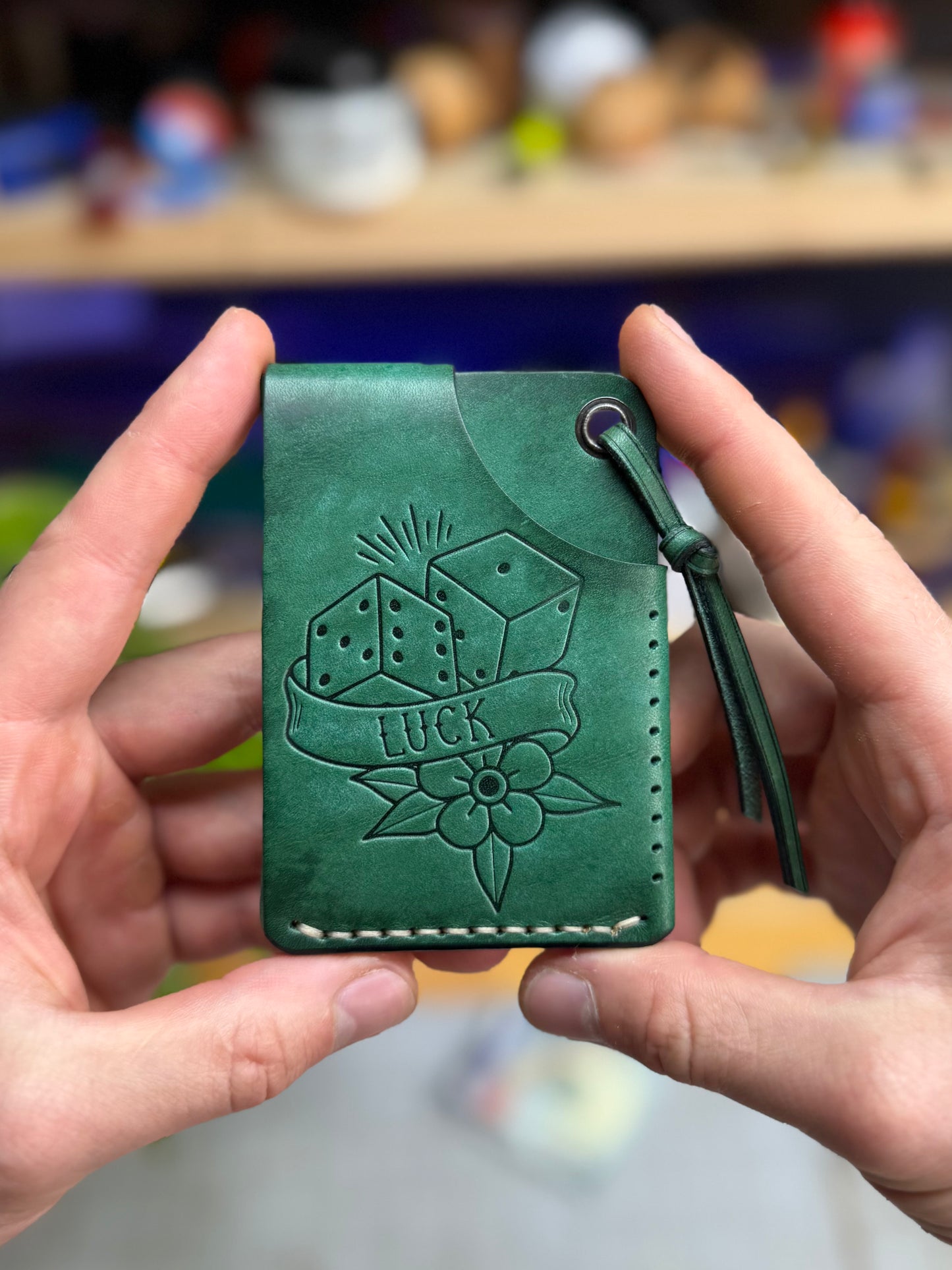 Green Leather Cardholder Coin  with Luck embossing