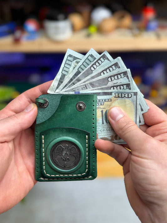 Green Leather Cardholder Coin  with Luck embossing