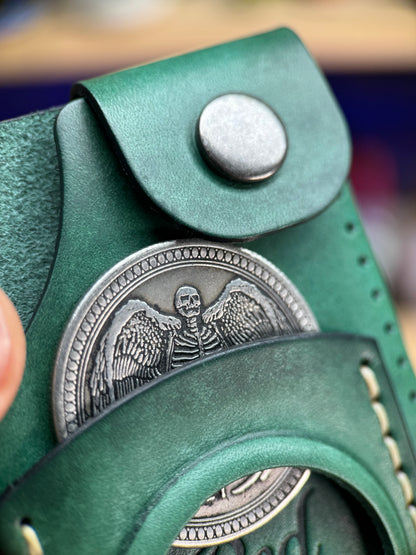 Green Leather Cardholder Coin  with Luck embossing