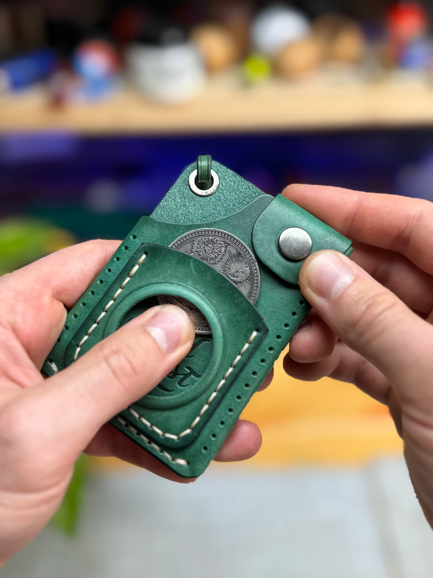 Green Leather Cardholder Coin  with Luck embossing