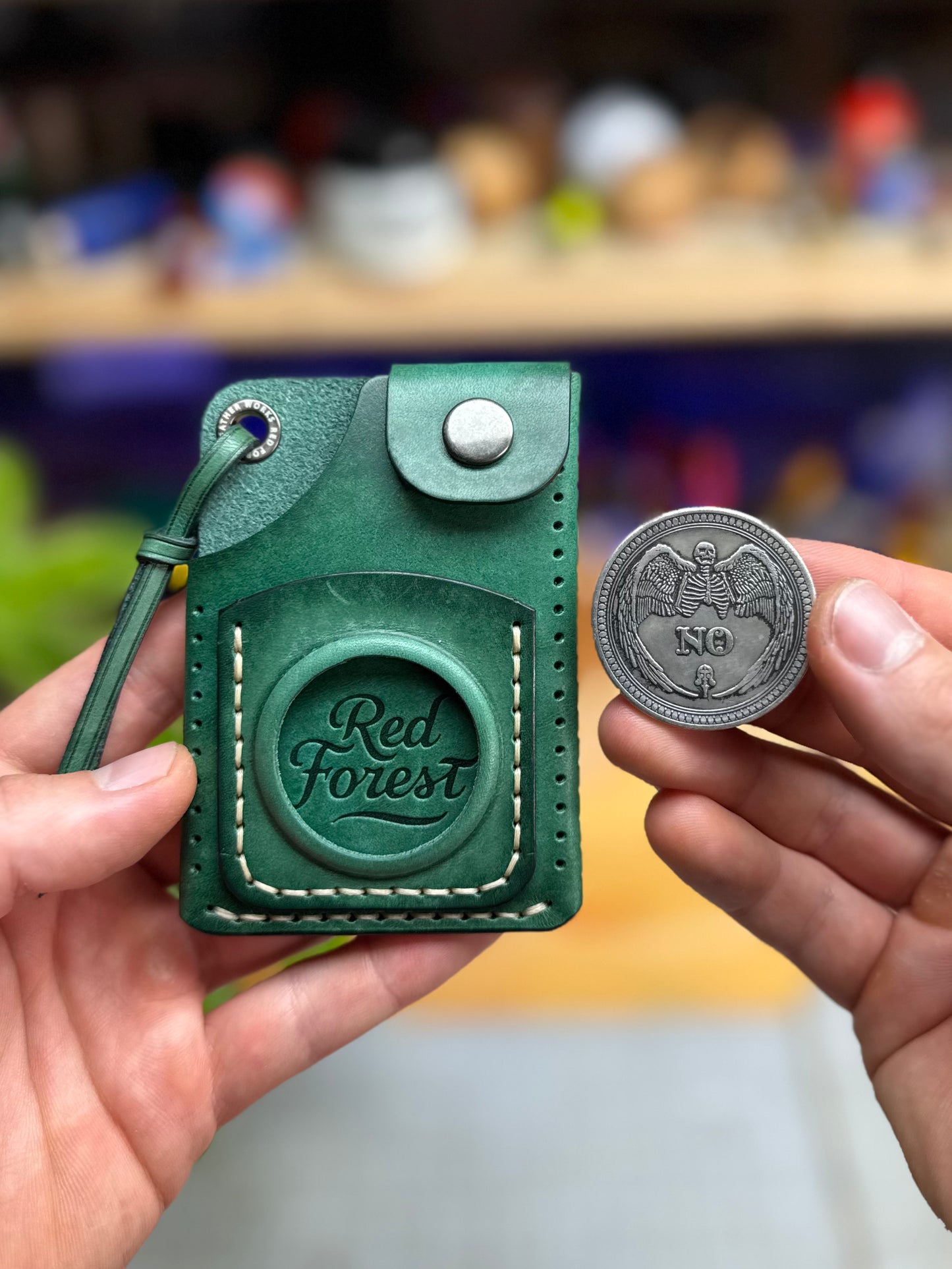 Green Leather Cardholder Coin  with Luck embossing