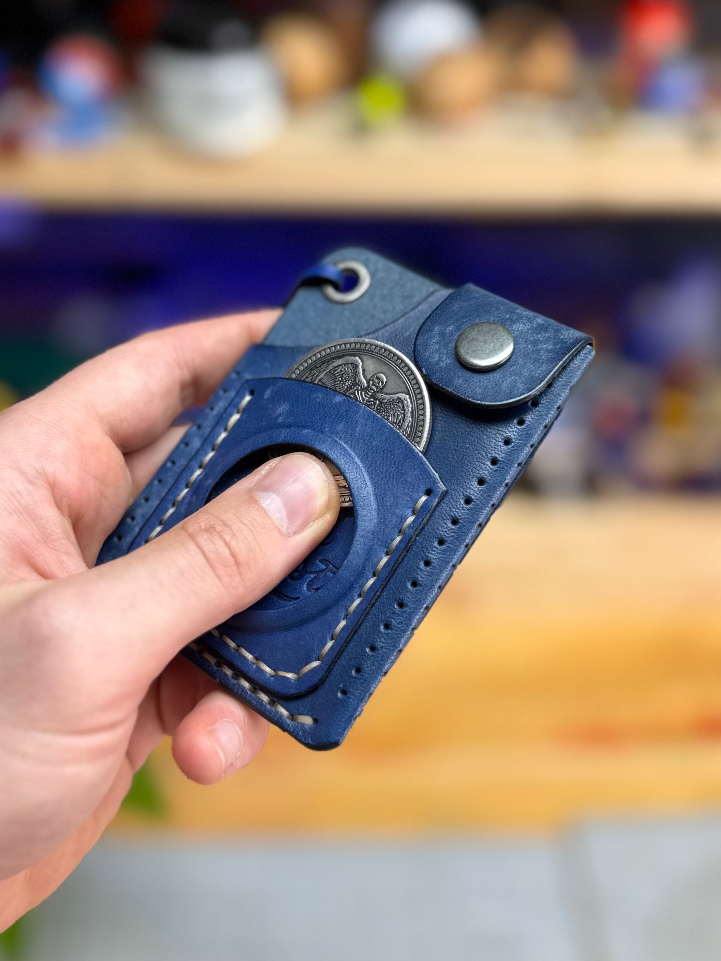 Blue Leather Cardholder Coin with Skeleton embossing