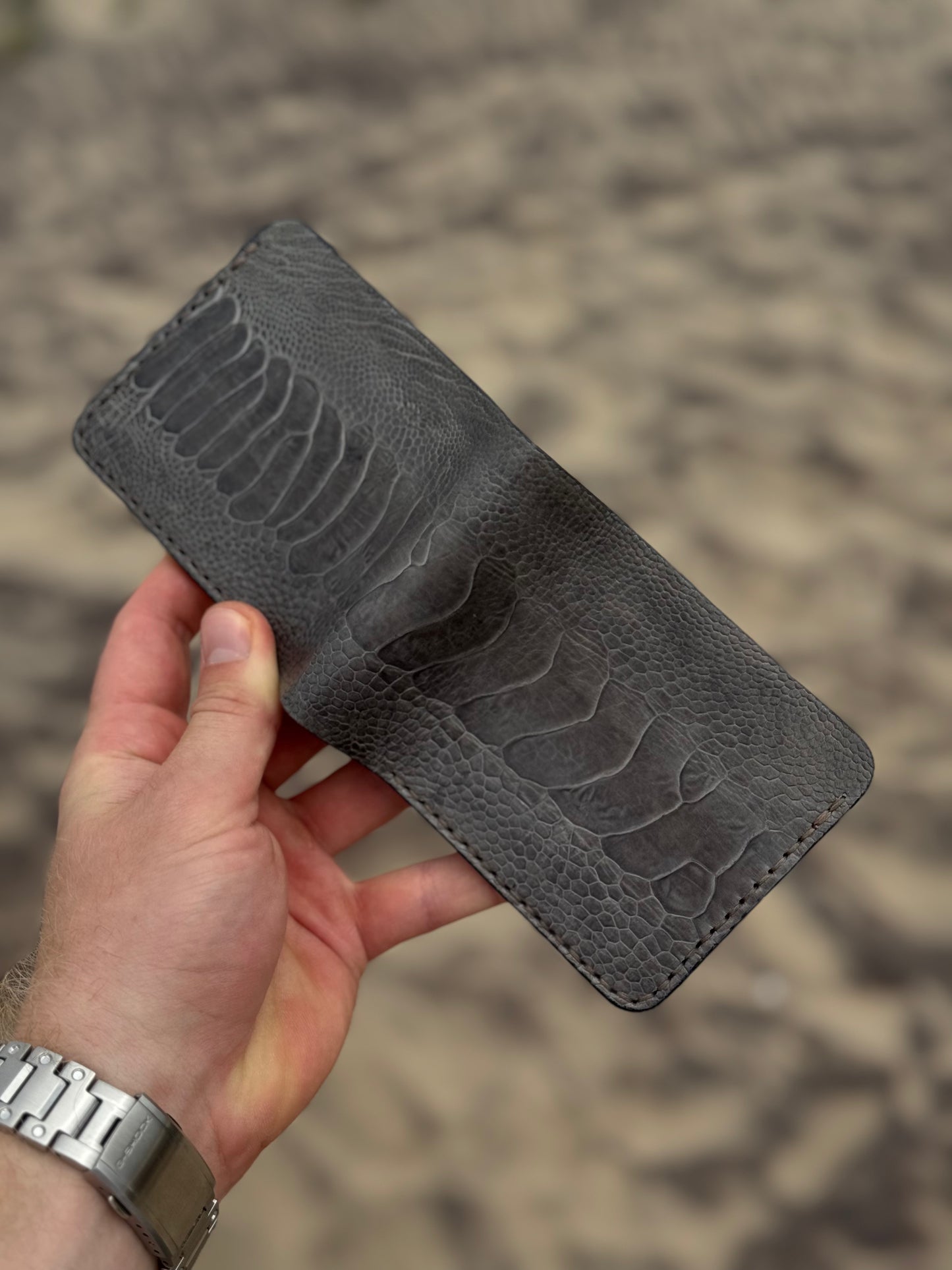 Gray Handmade Ostrich Leather Wallet | Exotic Leather