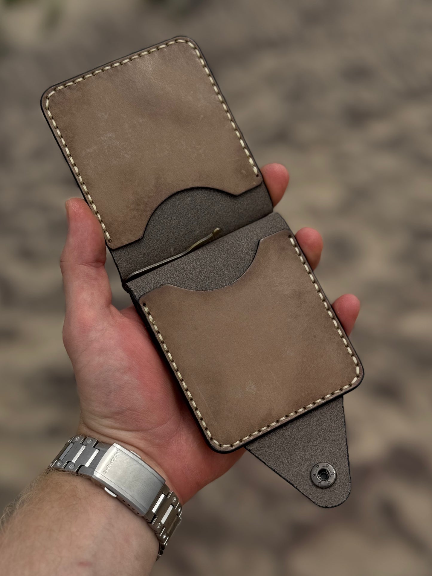 Olive Handmade leather Money Clip with Coin Pocket