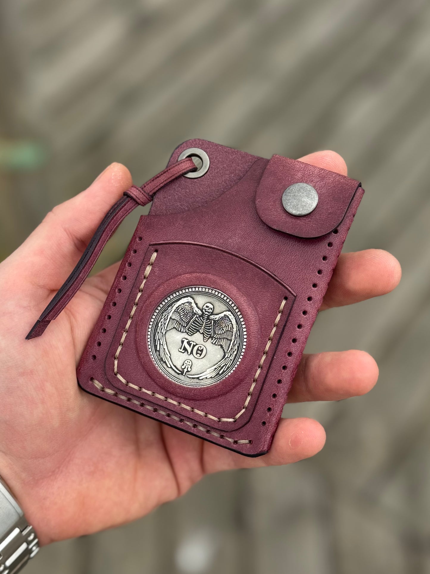 Purple Leather Cardholder Coin with Skeleton embossing