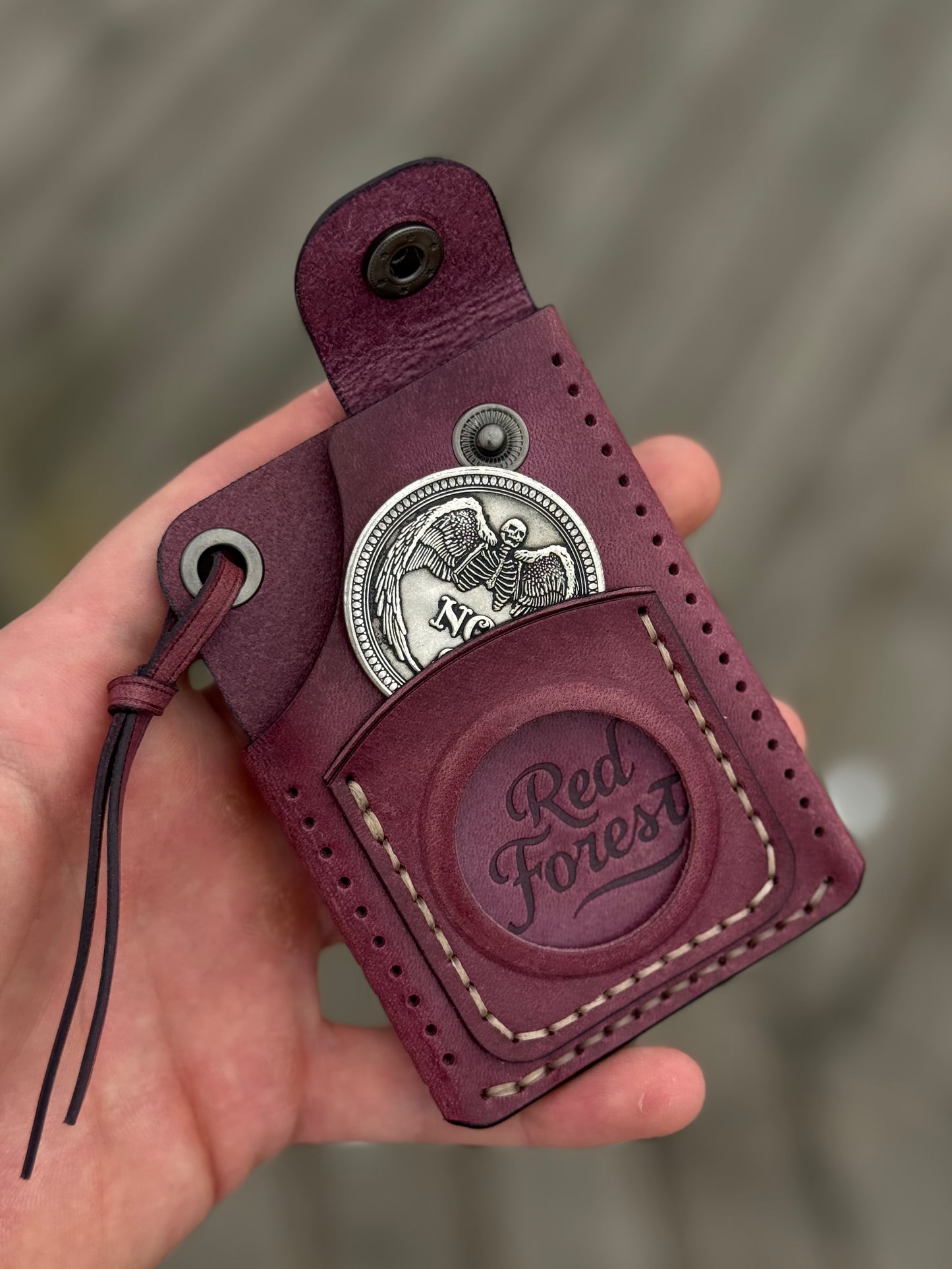 Purple Leather Cardholder Coin with Skeleton embossing
