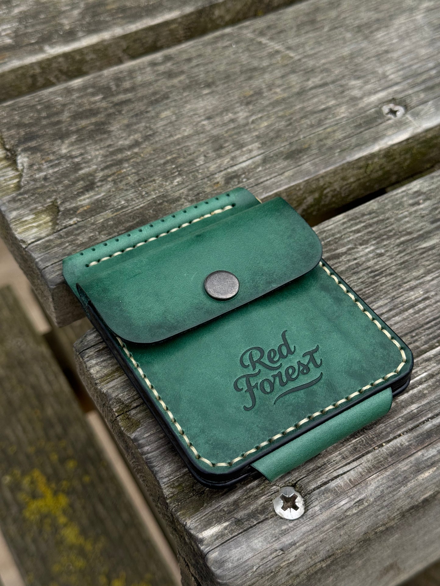 Green Handmade leather Money Clip with Coin Pocket