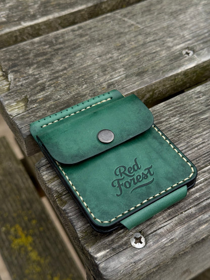 Green Handmade leather Money Clip with Coin Pocket