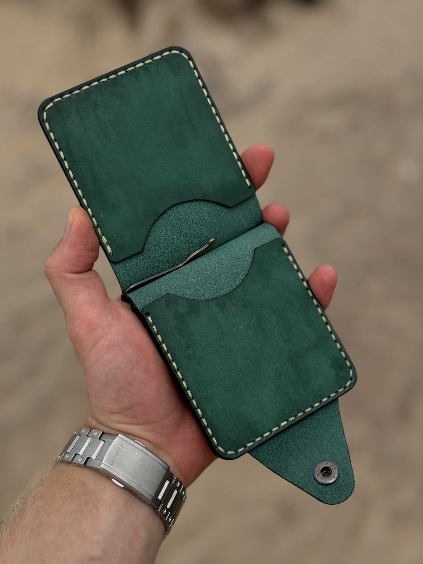 Green Handmade leather Money Clip with Coin Pocket