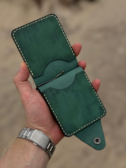 Green Handmade leather Money Clip with Coin Pocket