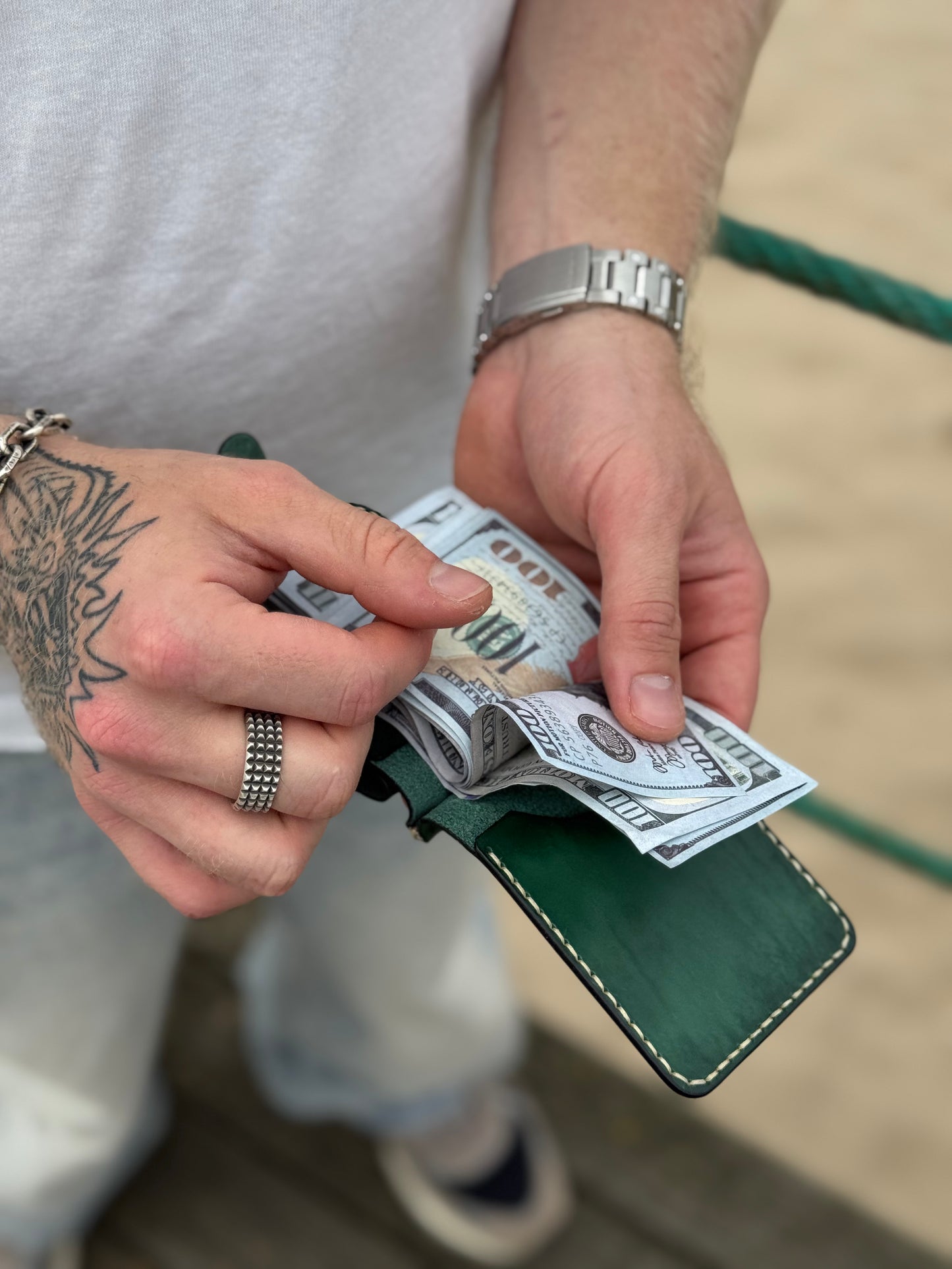 Green Handmade leather Money Clip with Coin Pocket