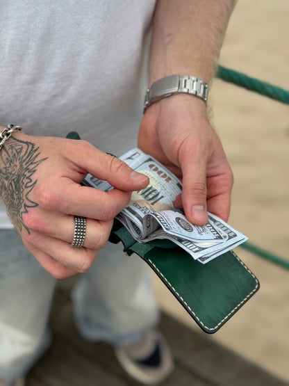 Green Handmade leather Money Clip with Coin Pocket