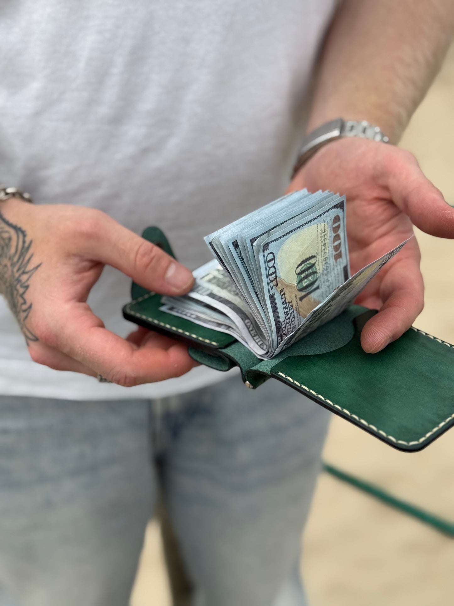 Green Handmade leather Money Clip with Coin Pocket