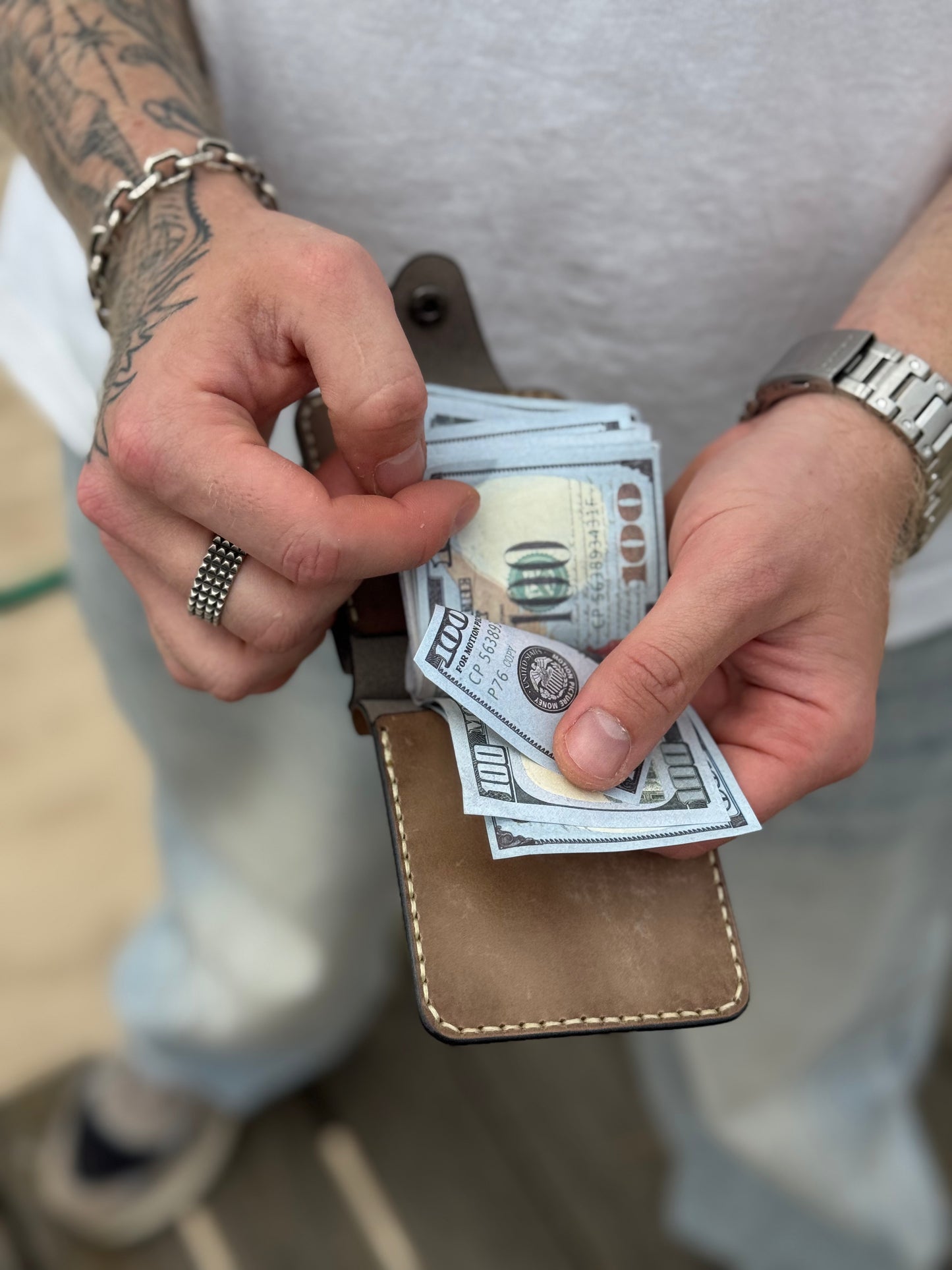 Olive Handmade leather Money Clip with Coin Pocket