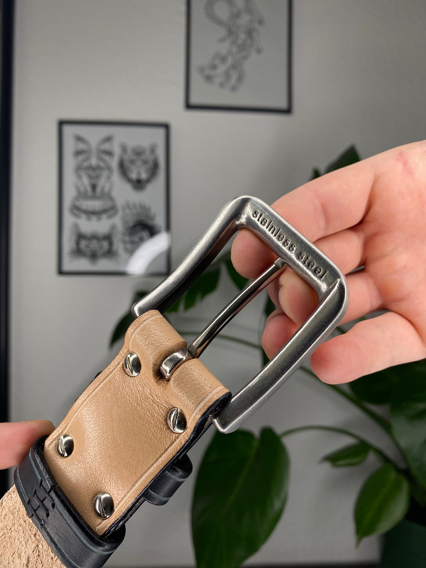 Beige Leather Belt with Chain Embossing