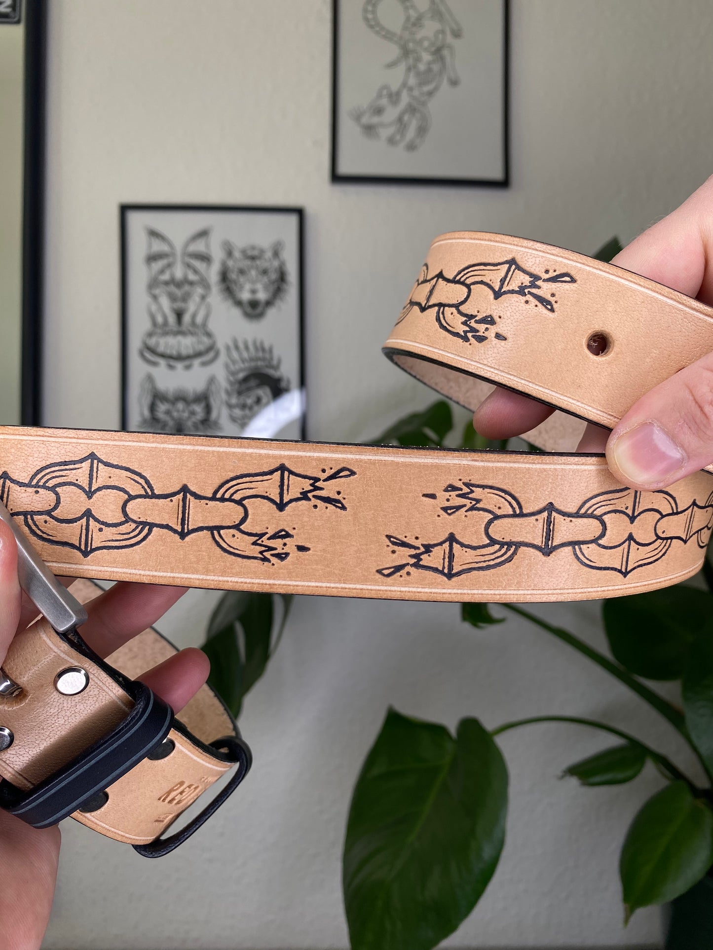 Beige Leather Belt with Chain Embossing