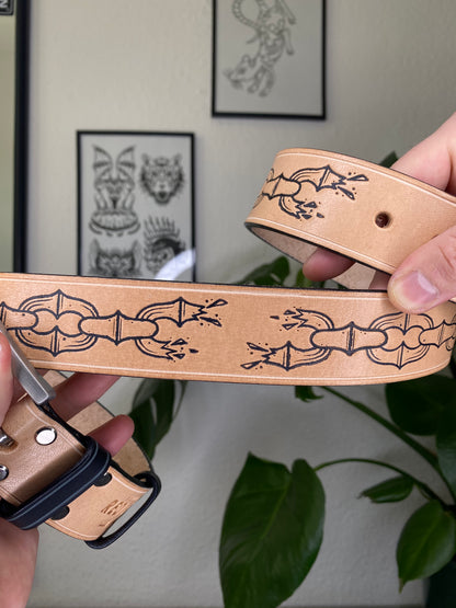 Beige Leather Belt with Chain Embossing
