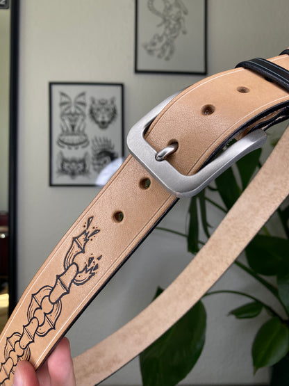 Beige Leather Belt with Chain Embossing