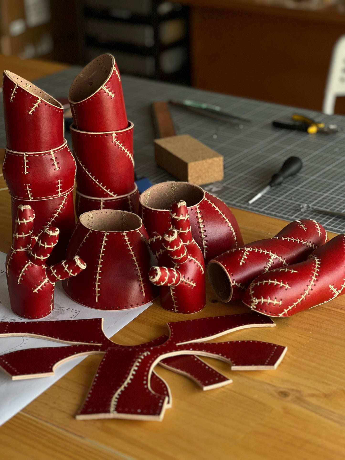 Handmade Red Leather Sculpture| Stitched Leather Art Character