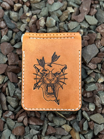 Small Leather Money Clip Wallet with Tiger Embossing