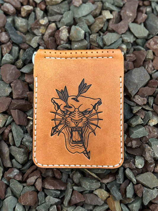 Small Leather Money Clip Wallet with Tiger Embossing