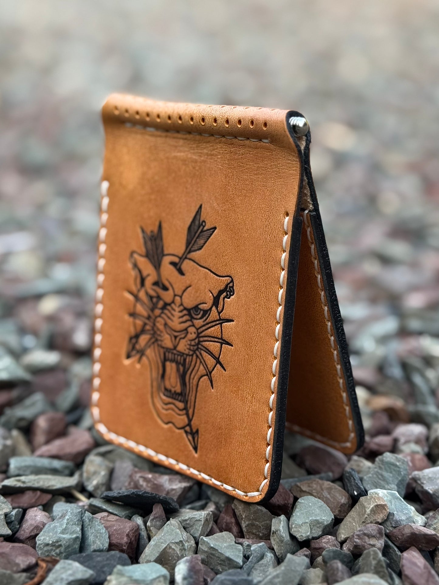 Small Leather Money Clip Wallet with Tiger Embossing