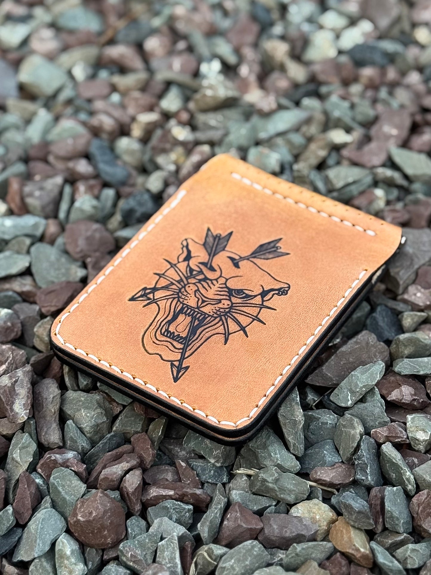Small Leather Money Clip Wallet with Tiger Embossing