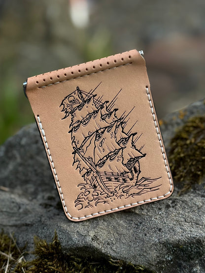 Small leather Money Clip with Ship Emossing