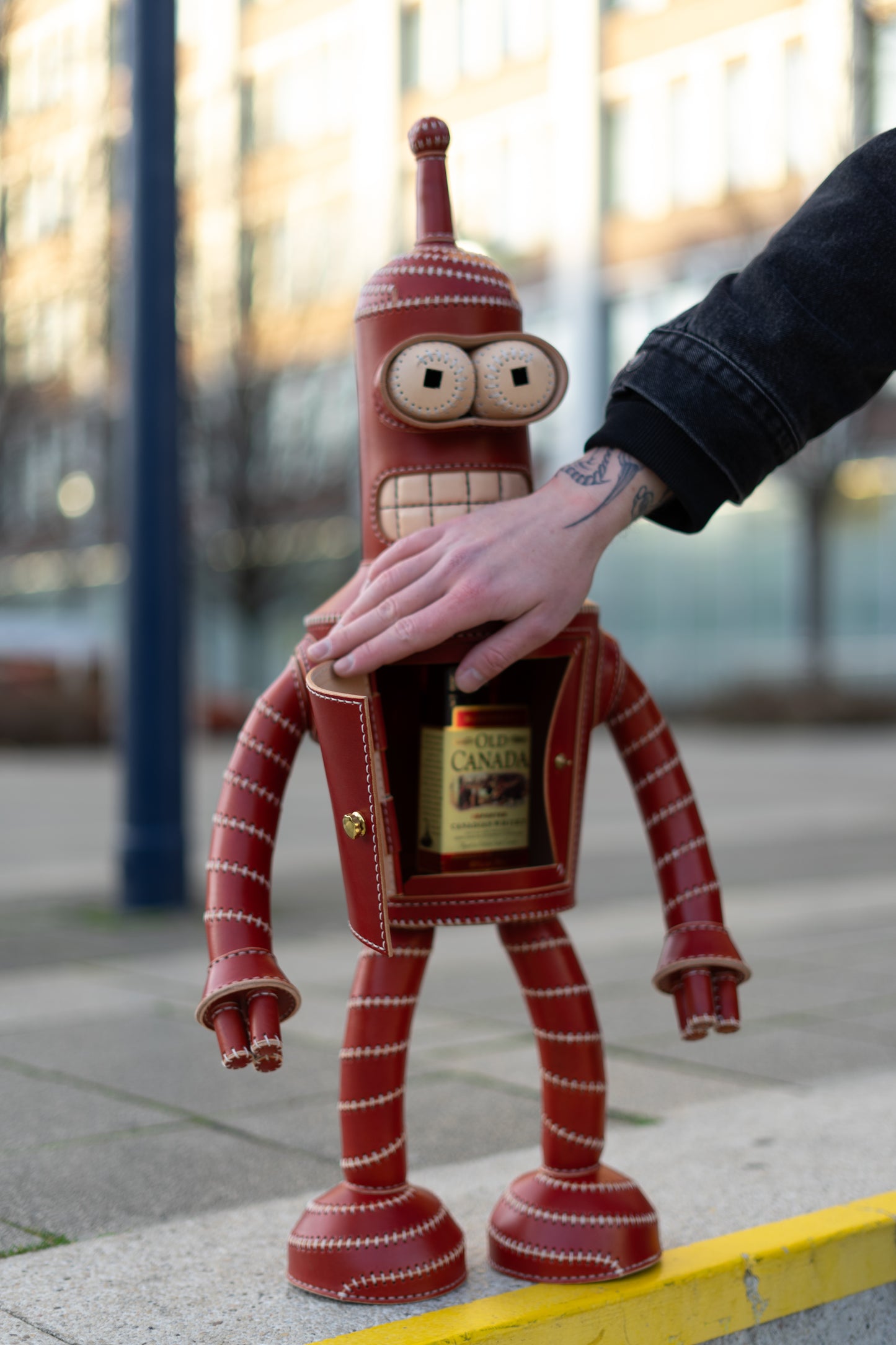 Handmade Leather Robot Sculpture with Storage Compartment