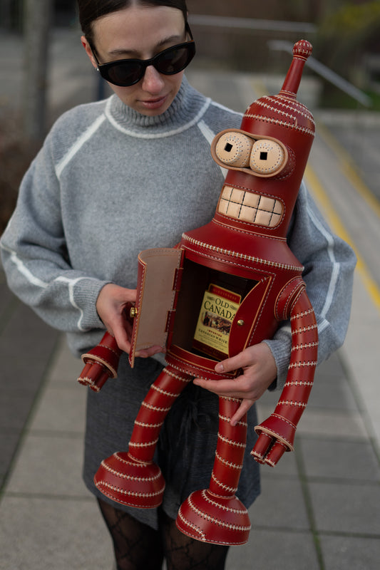 Handmade Leather Robot Sculpture with Storage Compartment