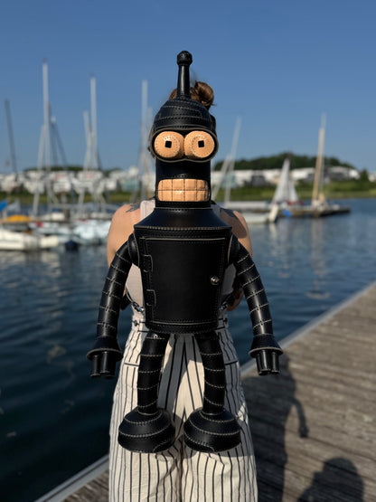 Handmade Black Leather Robot Backpack with Removable Head