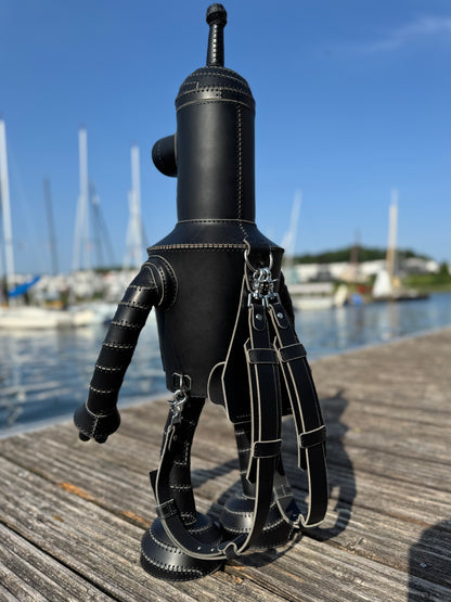 Handmade Black Leather Robot Backpack with Removable Head
