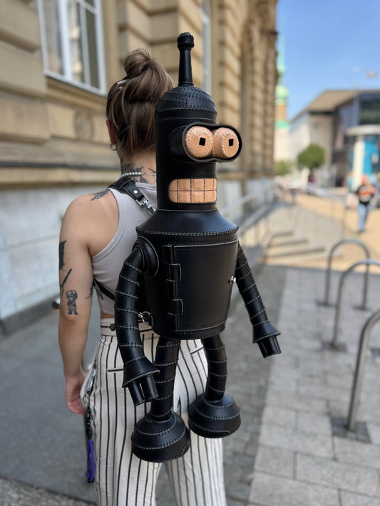 Handmade Black Leather Robot Backpack with Removable Head