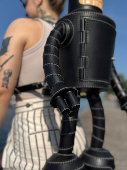 Handmade Black Leather Robot Backpack with Removable Head