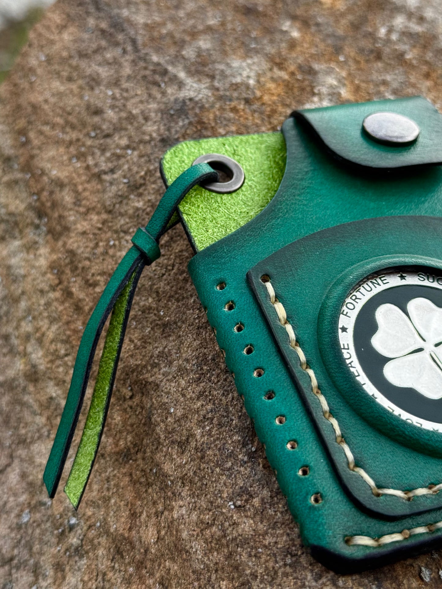 Handmade Green Leather Cartholder with Skeleton embossing