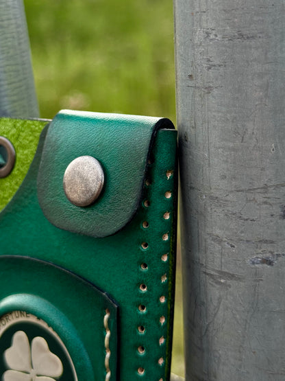 Handmade Green Leather Cartholder with Skeleton embossing