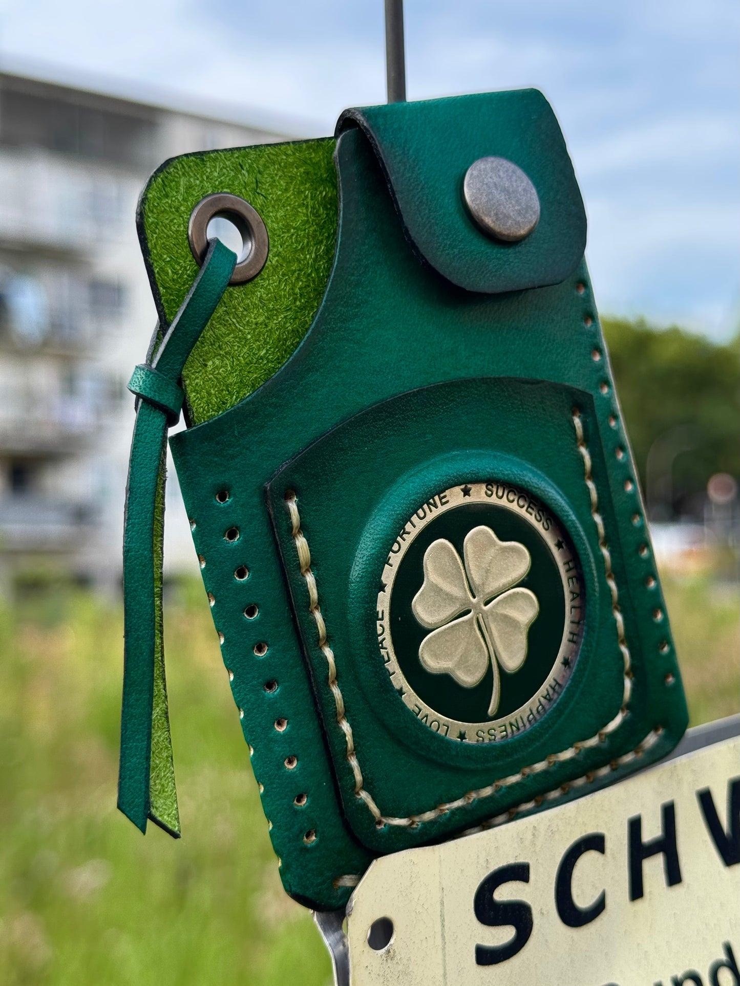 Handmade Green Leather Cartholder with Skeleton embossing