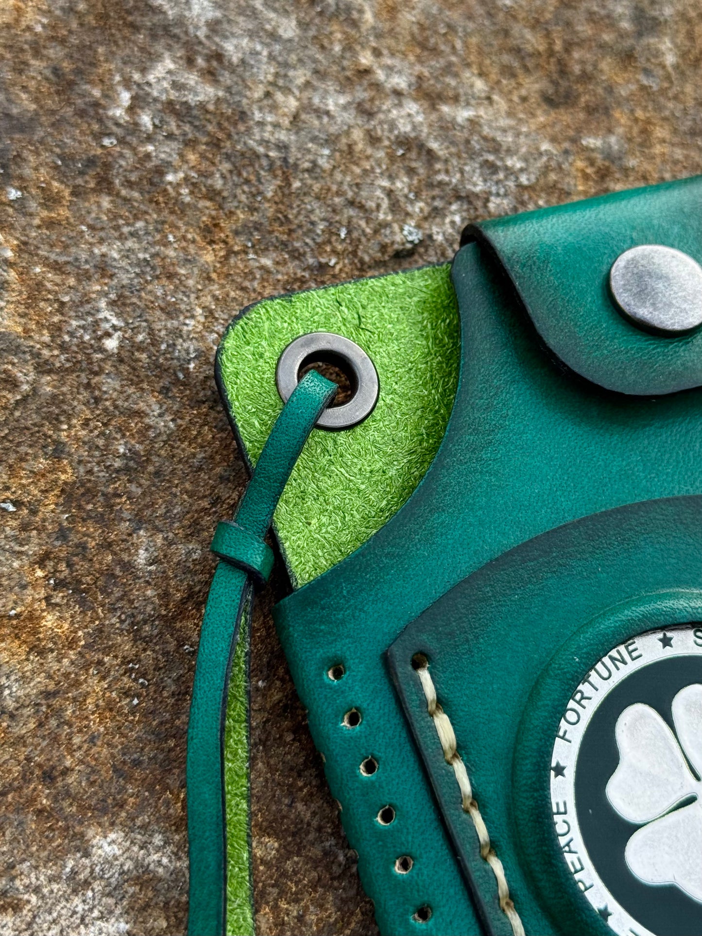 Handmade Green Leather Cartholder with Skeleton embossing