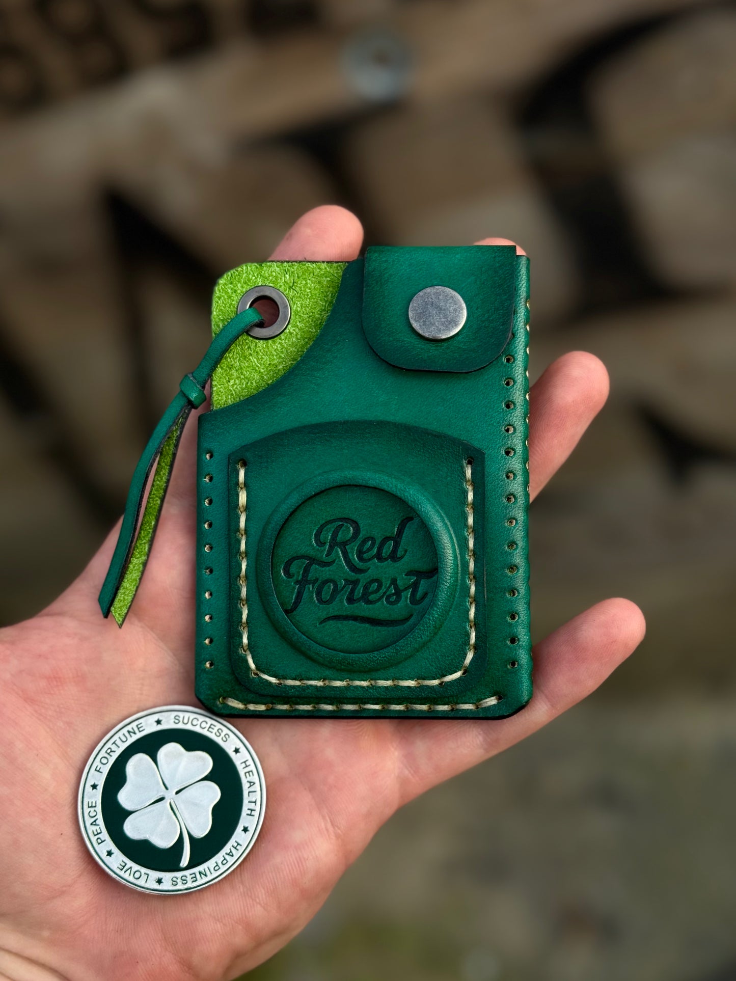 Handmade Green Leather Cartholder with Skeleton embossing