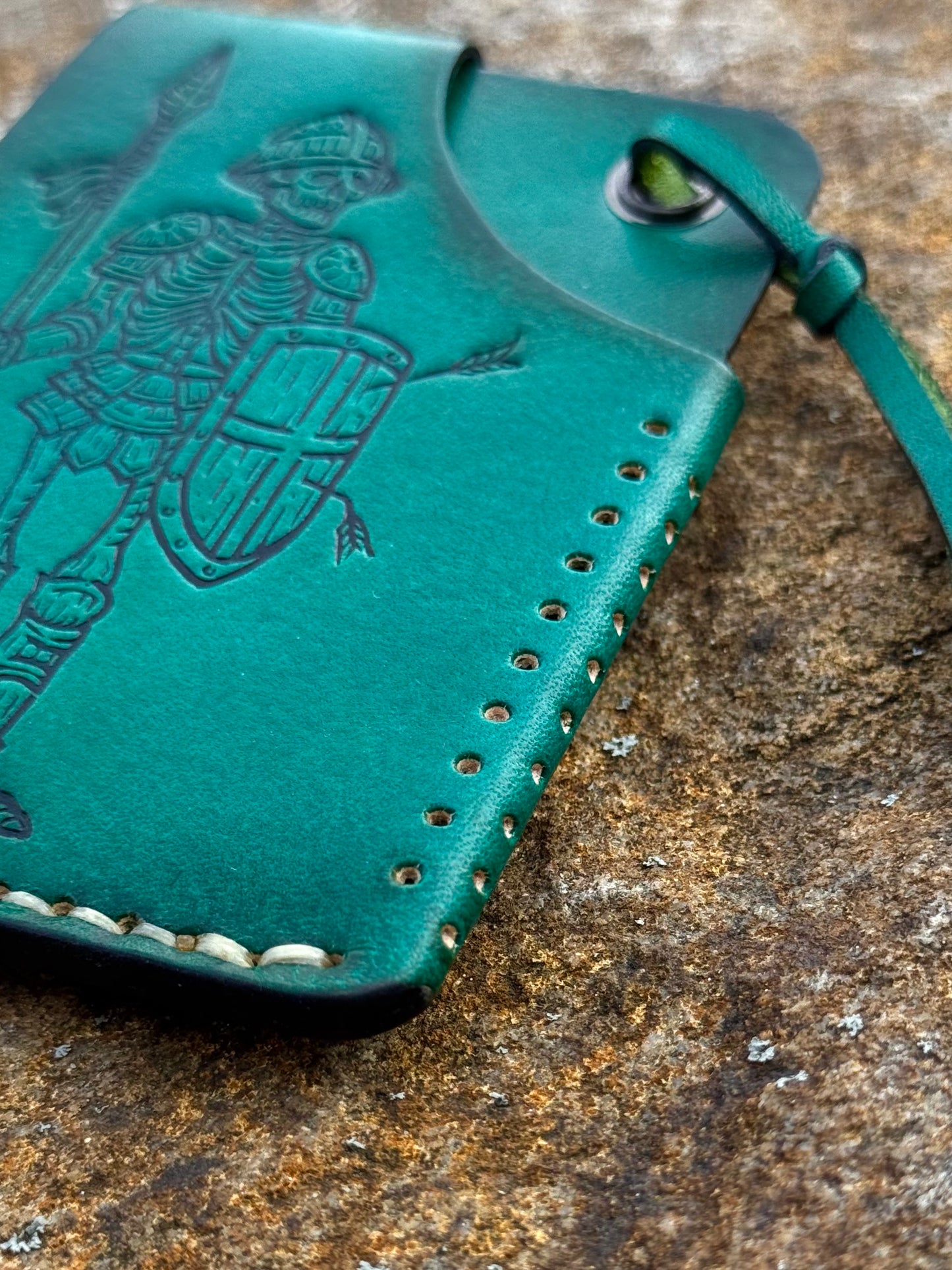 Handmade Green Leather Cartholder with Skeleton embossing