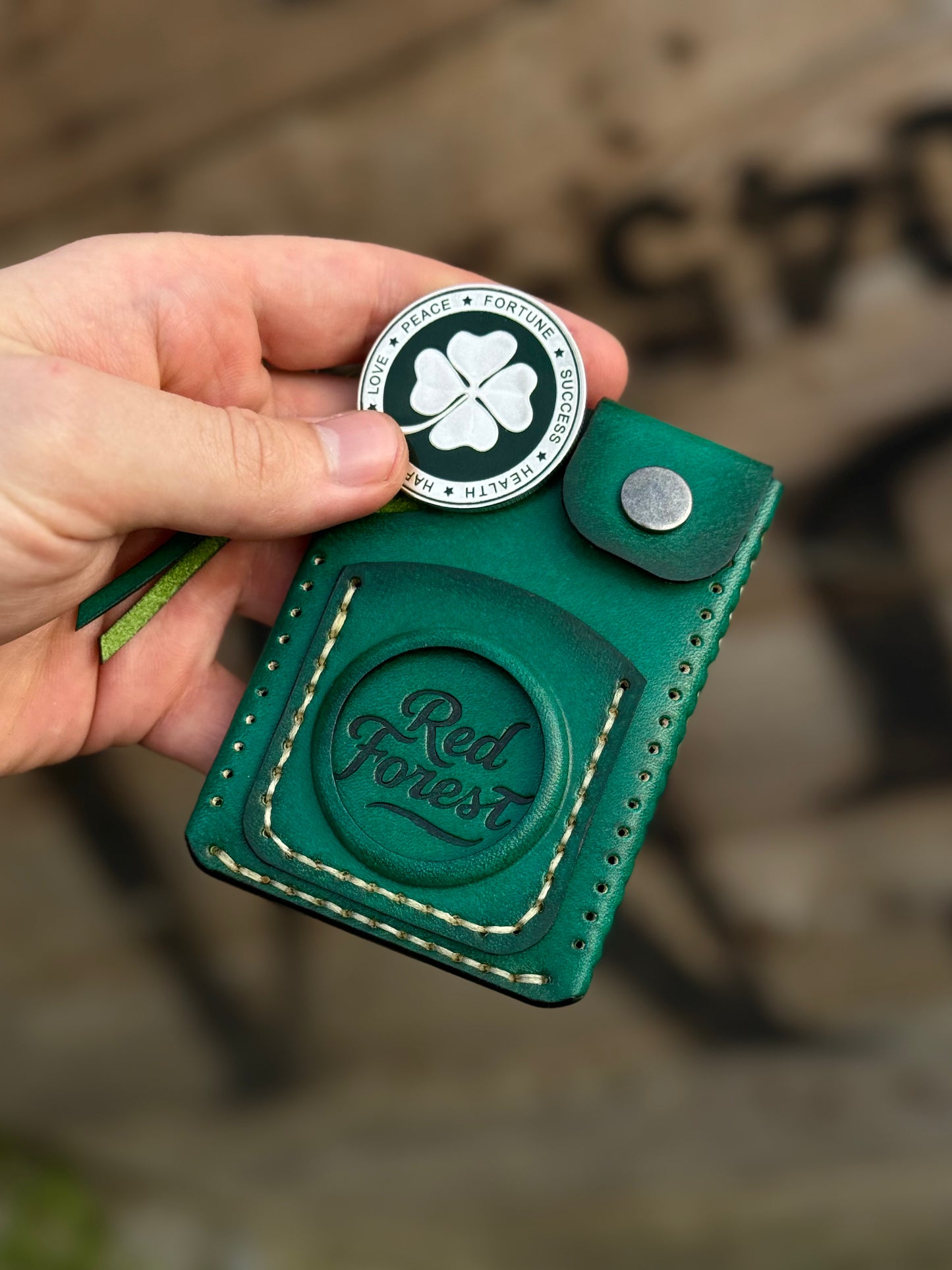 Handmade Green Leather Cartholder with Skeleton embossing