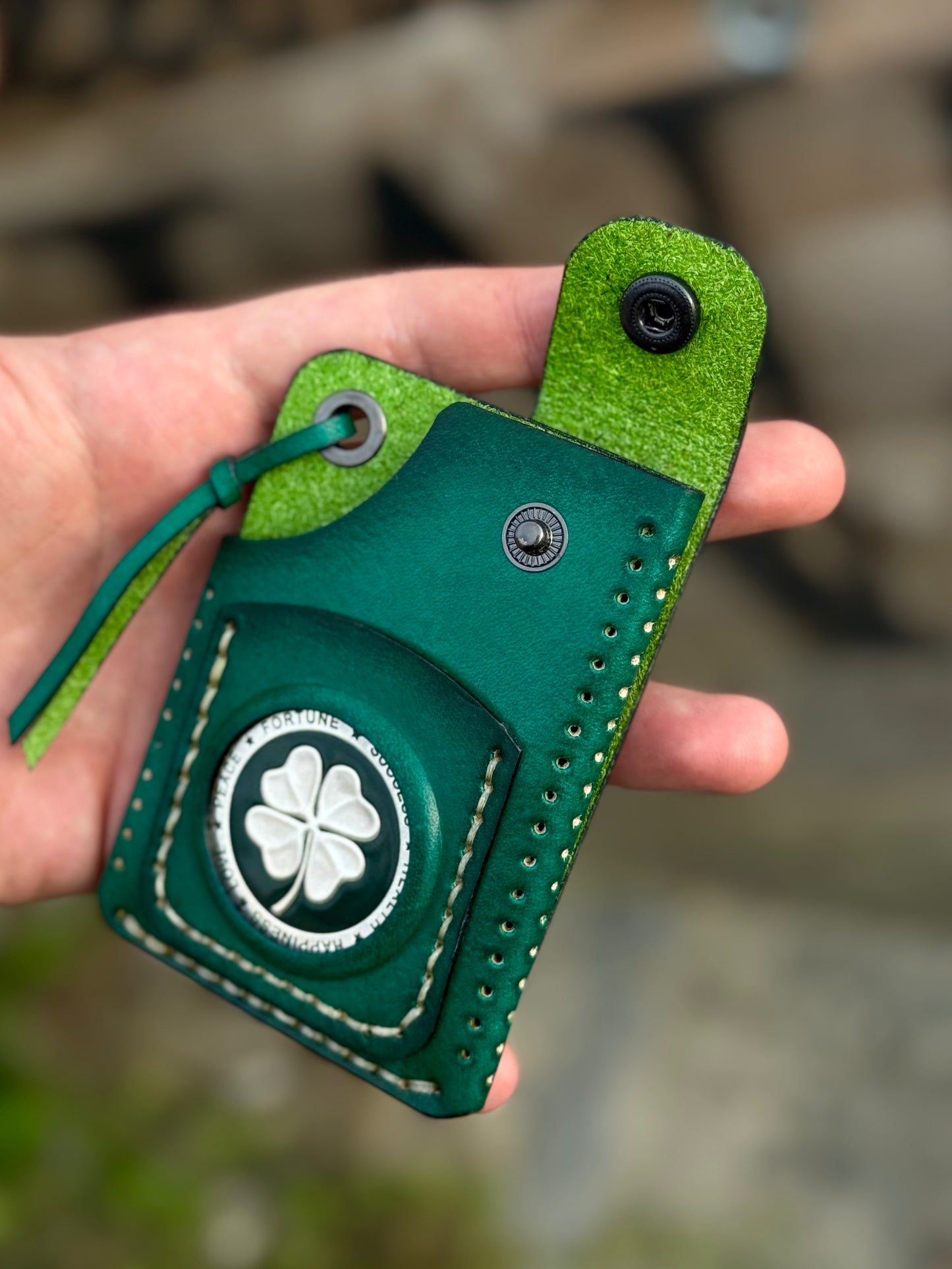 Handmade Green Leather Cartholder with Skeleton embossing