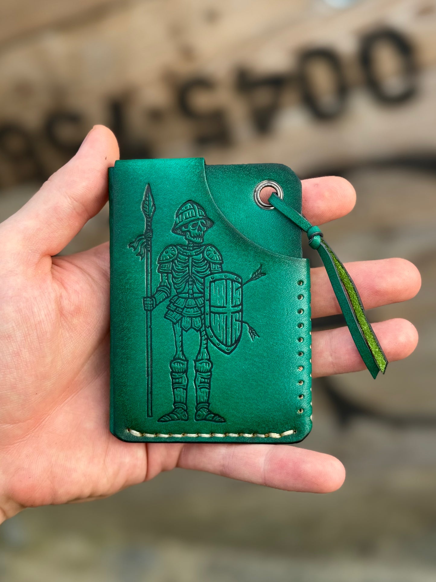 Handmade Green Leather Cartholder with Skeleton embossing