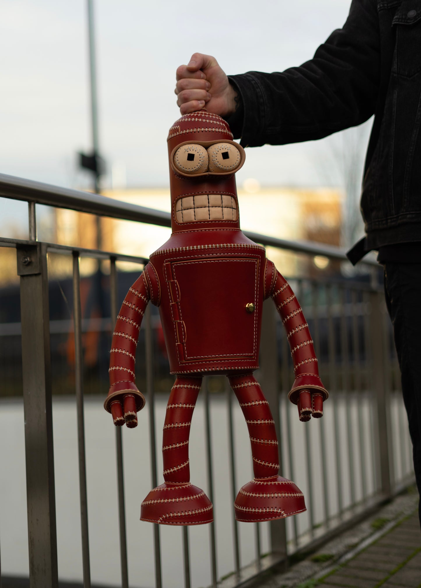 Handmade Leather Robot Sculpture with Storage Compartment